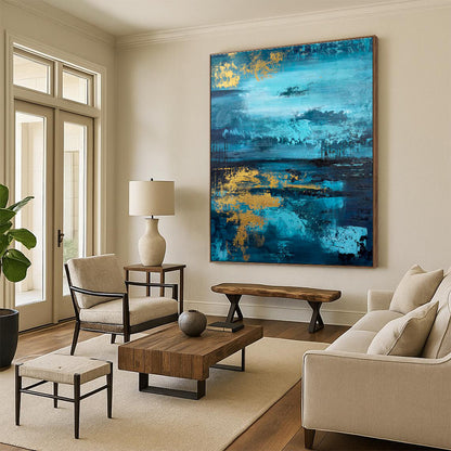 Hand Painted Art Teal Gold Abstract Landscape Acrylic Painting PT451