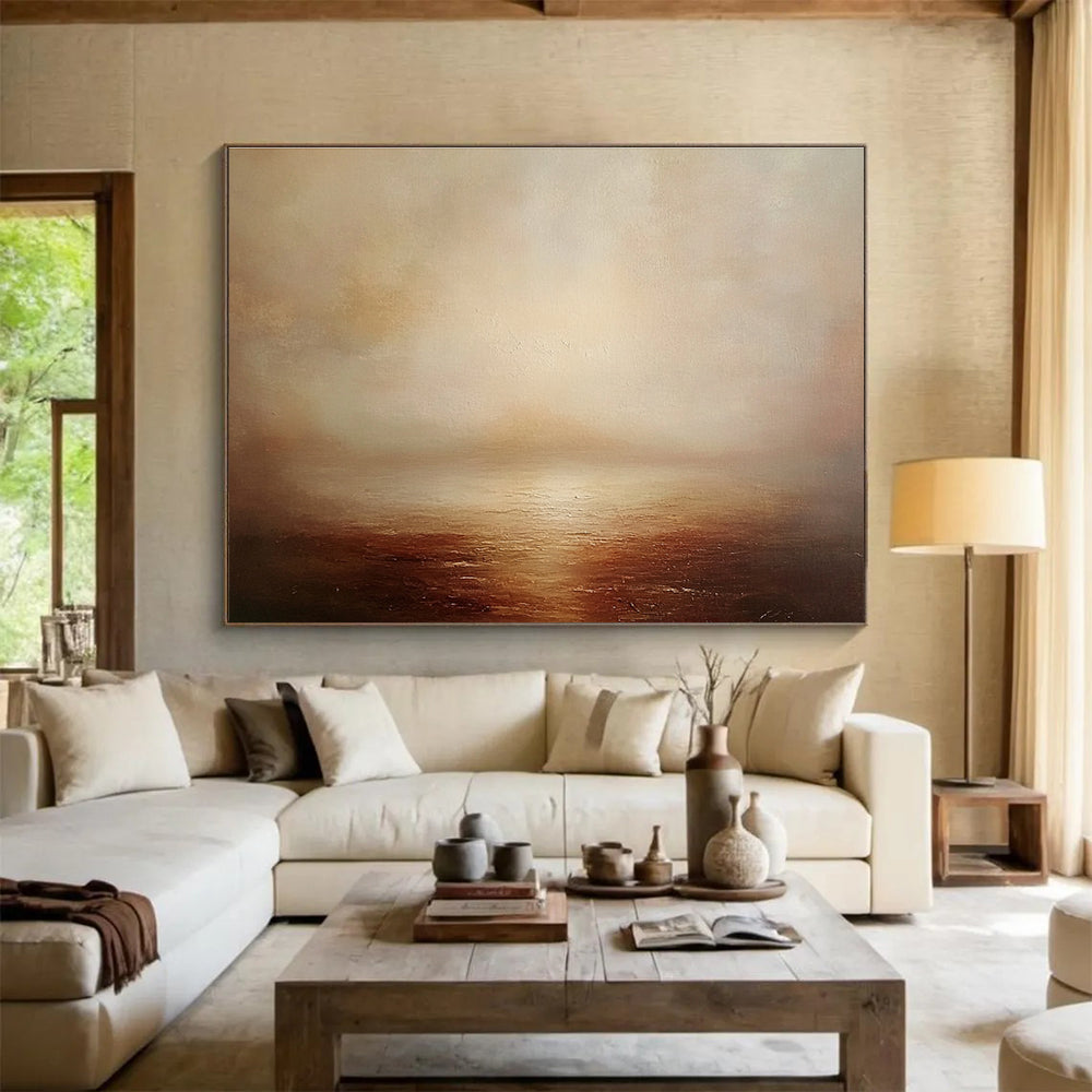 Large Contemporary Wall Art Beige and Brown Misty Seaside Landscape HPS316