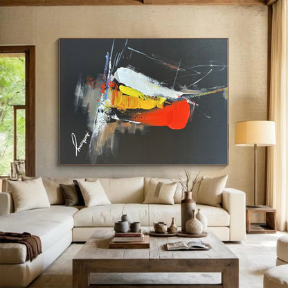 Large Contemporary Wall Art Red Yellow White Abstract Art on Black PT478