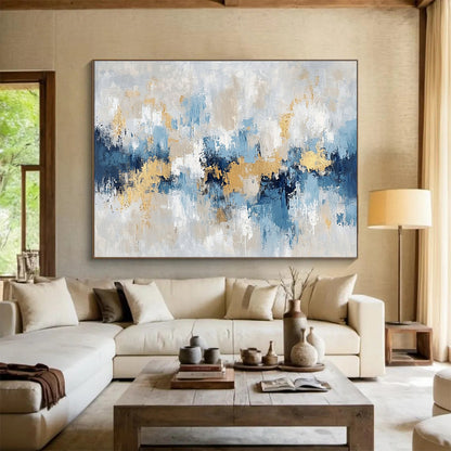 Oversized Abstract Wall Art Blue, Gray, Gold & White Textured Abstract Painting HPS263