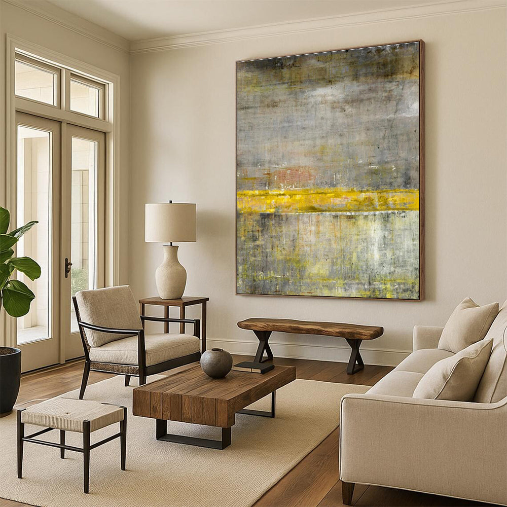 Large Size Gray Yellow Textured Abstract Minimalist Art PT344