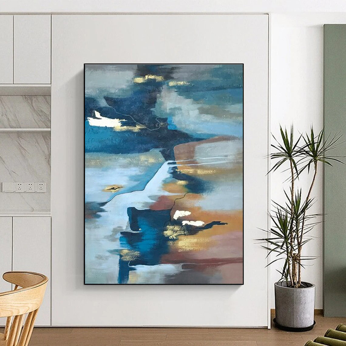 Large Contemporary Wall Art Blue, Brown, and Gold Abstract Art PT652