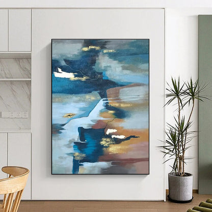 Large Contemporary Wall Art Blue, Brown, and Gold Abstract Art PT652