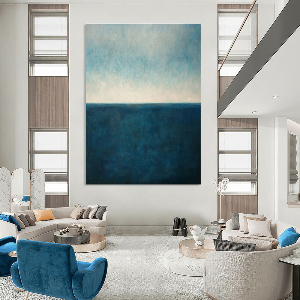 Large Size Blue & Beige Abstract Sea Horizon, Large Contemporary Wall Art DPS515