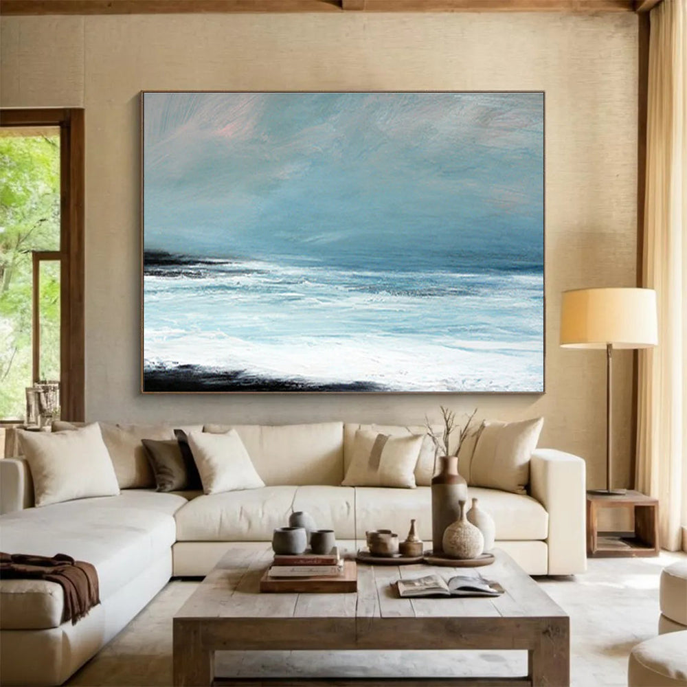 Hand Painting Light Blue & White Abstract Coastal Wave Art HPS187
