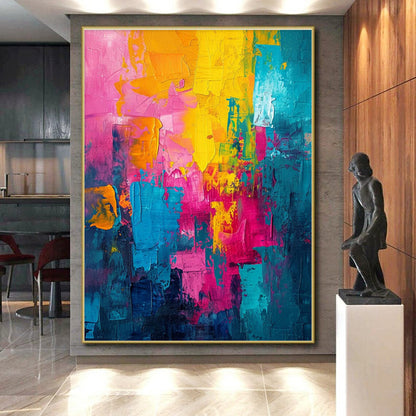 Acrylic Modern Art Paintings in Vibrant Pink, Yellow, Teal, and Blue PT224