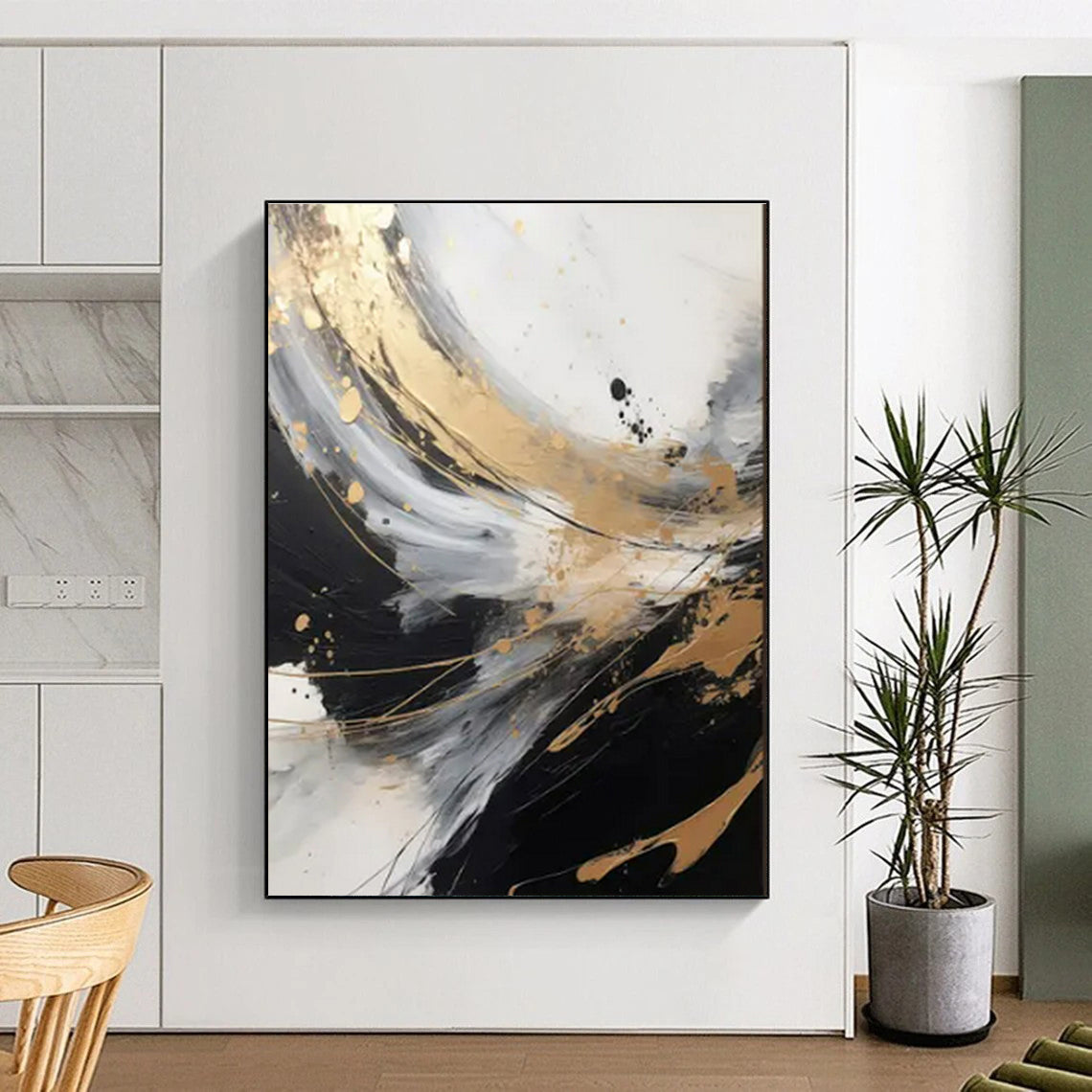 Cool Abstract Paintings - Black, White, Gray & Gold Dynamic Abstract Art with Flowing Lines PT594