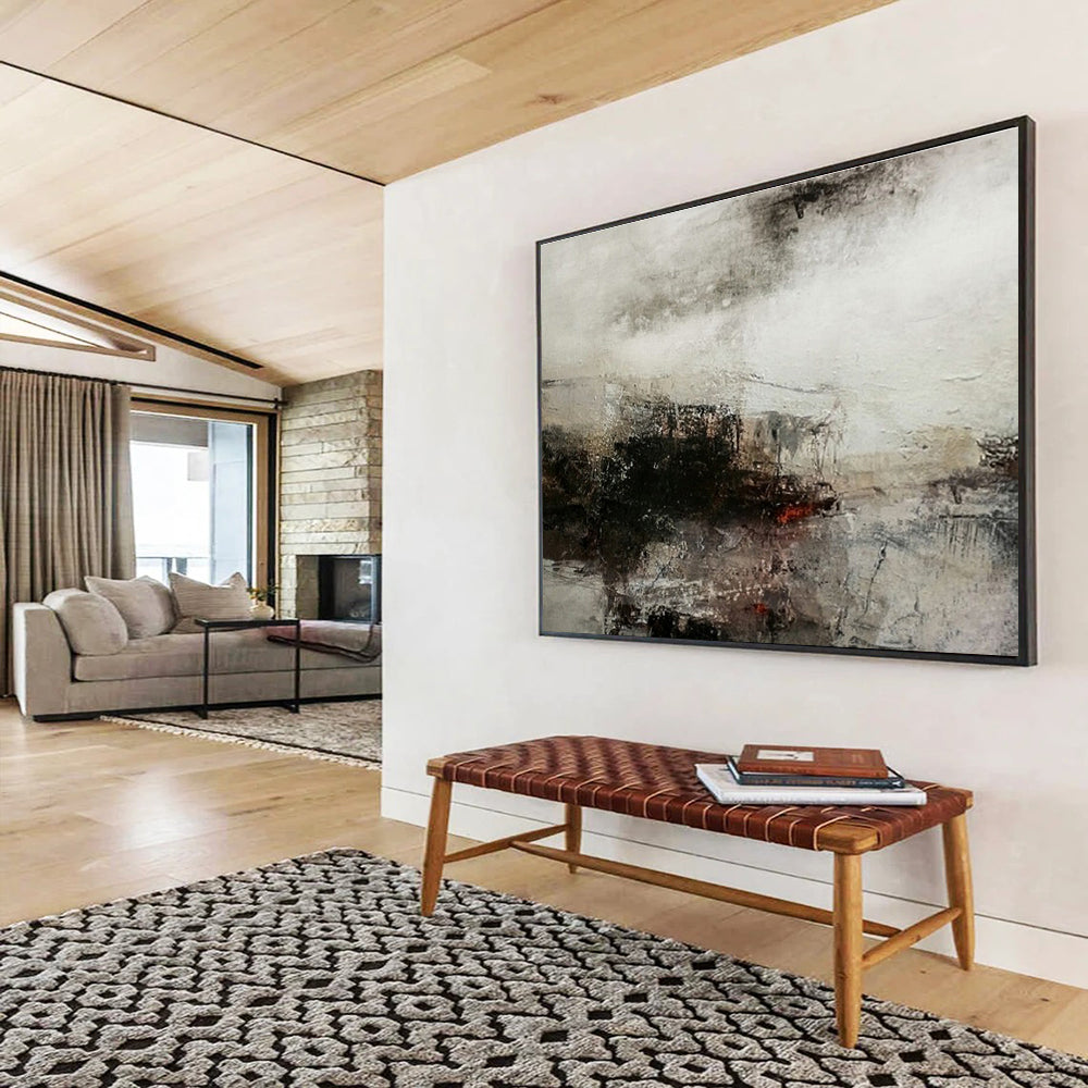 Hand-Painted Gray, Black, and Red Abstract Urban Landscape Art HPS391