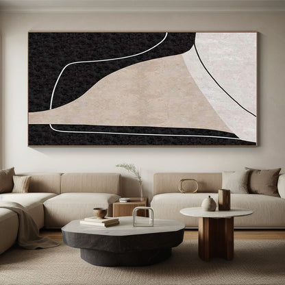 Hand-Painted Black, Beige, and White Geometric Abstract Art PT682