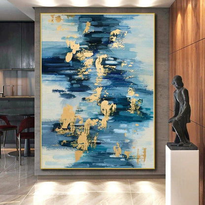 Hand-Painted Blue and Gold Abstract Painting with Brush Strokes, Acrylic Modern Art PT001