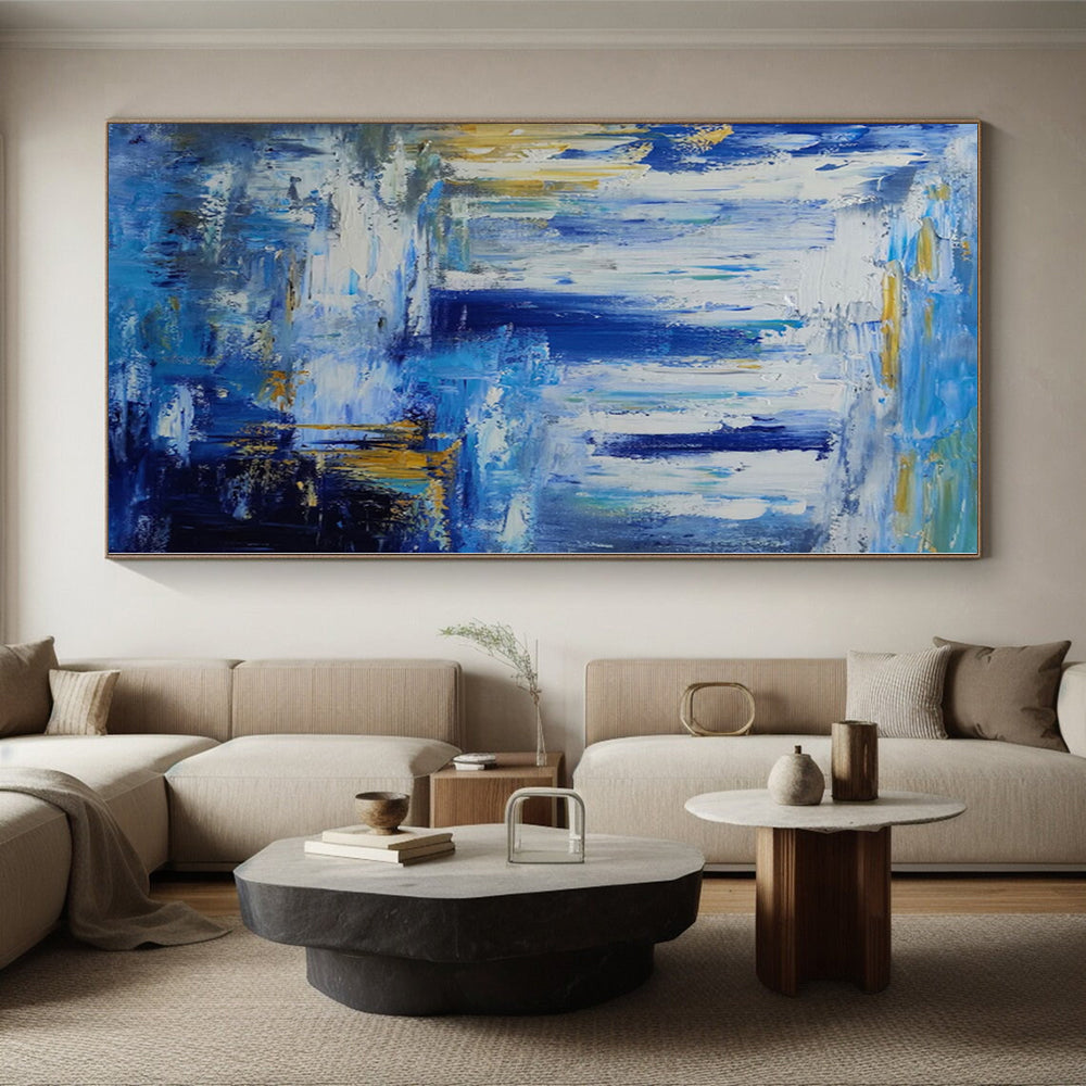 Unique Abstract Art Blue, White & Gold Textured Waterfall Abstract Painting On Canvas PT065