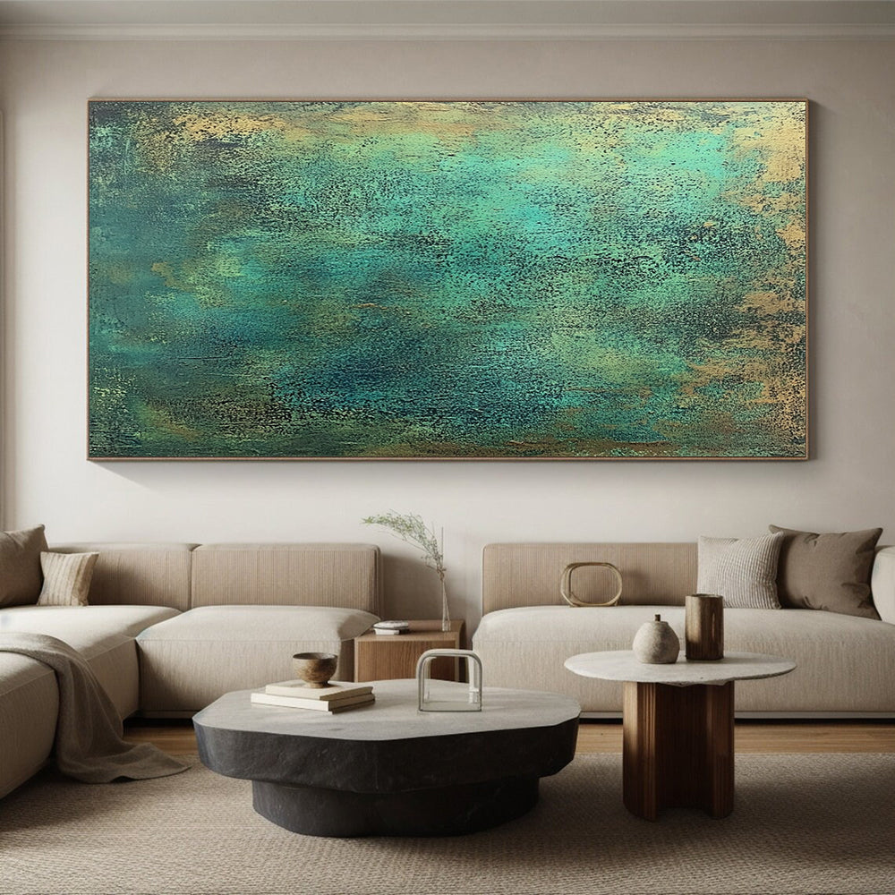 Modern Large Abstract Canvas Painting, Teal Gold Abstract Textured Art PT177