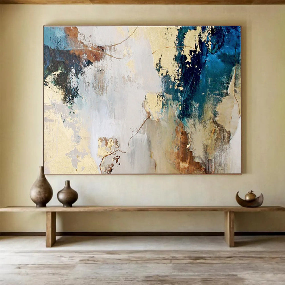 Unique Abstract Art Blue, Gold & Brown Textured Abstract Painting On Canvas HPS113