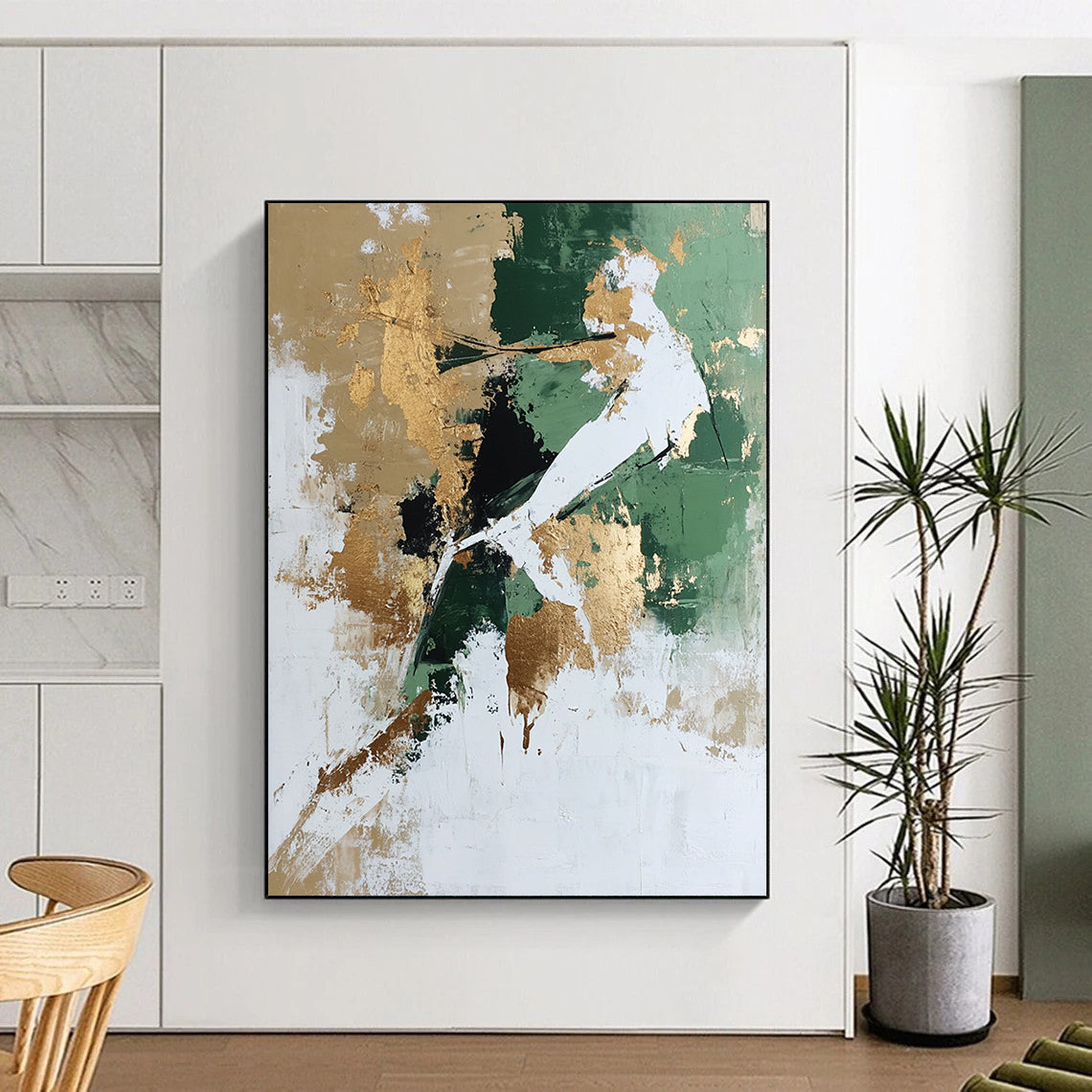 Unique Abstract Art Green, Gold, and White Abstract Geometric Painting DPS434