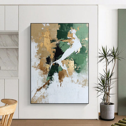 Unique Abstract Art Green, Gold, and White Abstract Geometric Painting DPS434