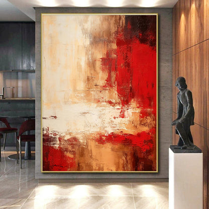 Large Contemporary Wall Art Red Beige Abstract Textured Acrylic Painting PT460