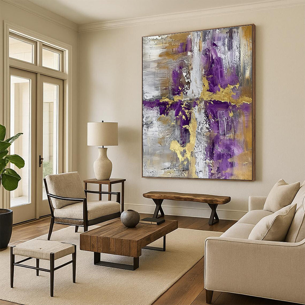 Hand Painted Art - Purple, Gold & Gray Geometric Abstract Art with Textured Details PT593