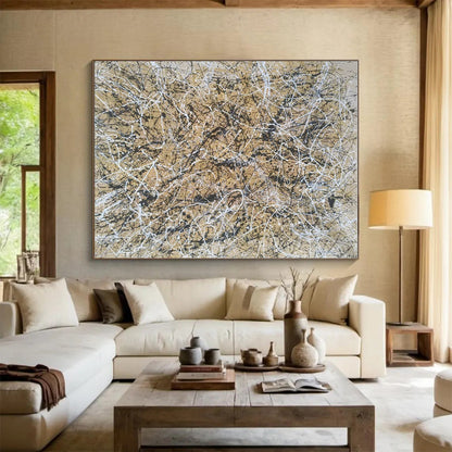 Big Painting Beige and Black Tangled Lines Abstract Art PT617
