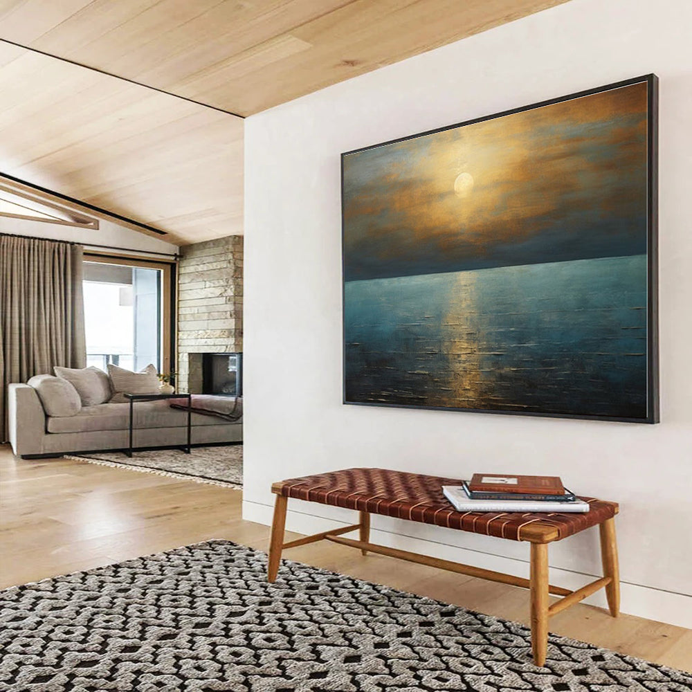 Acrylic Modern Art Paintings Golden Sunset Over Blue Sea Abstract On Canvas HPS034