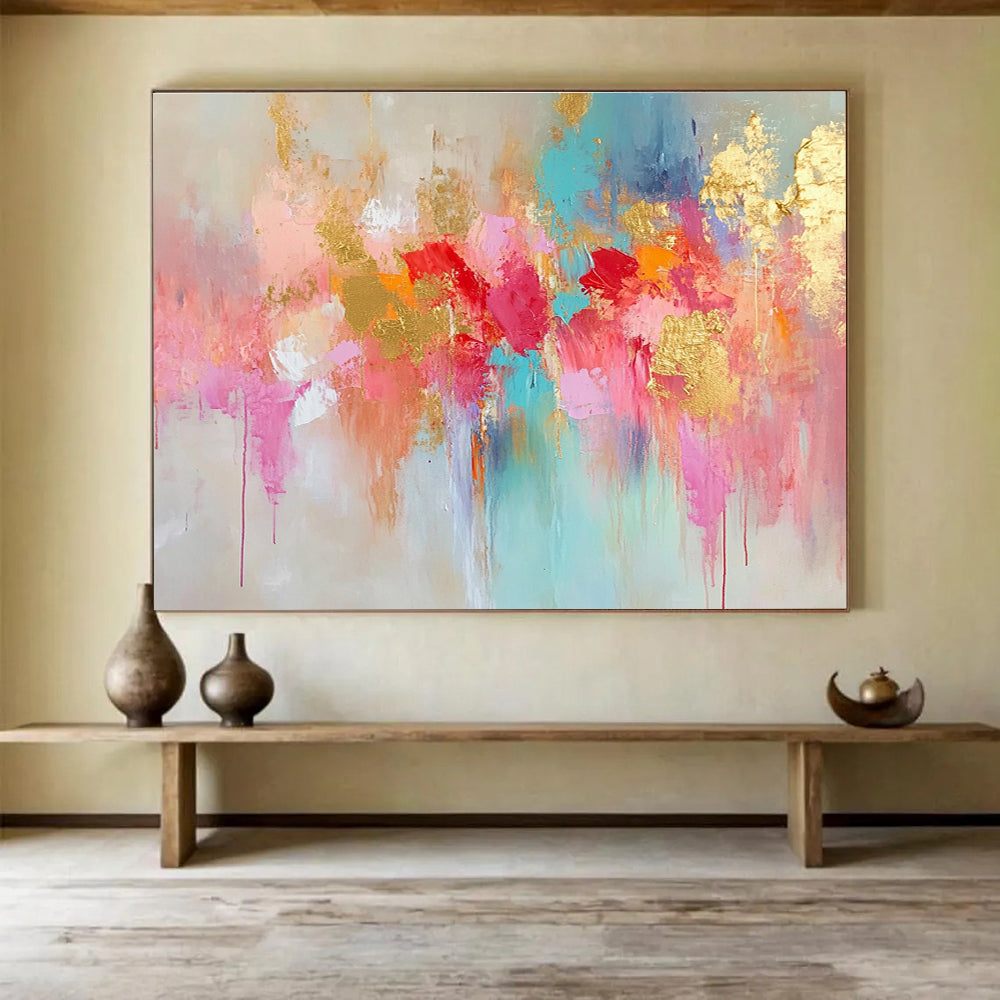 Gaint Canvas Art Colorful Abstract Floral with Gold Foil Modern Art Acrylic HPS302