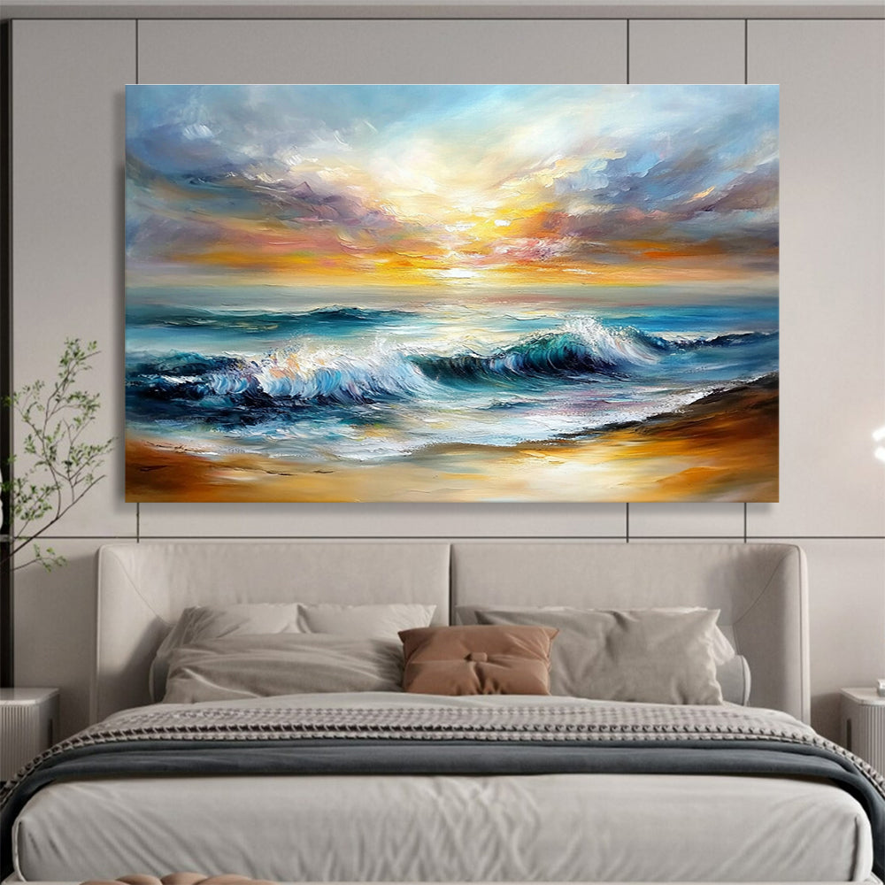 Huge Size Multicolor (Blue, Orange, Yellow) Coastal Sunset Abstract Acrylic Painting HPS243