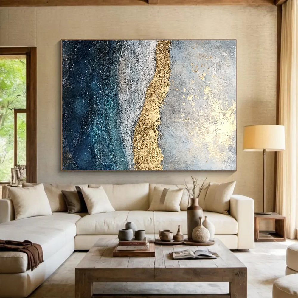 Original Large Abstract Paintings For Sale, Gold Blue Gray Abstract Textured Art PT172