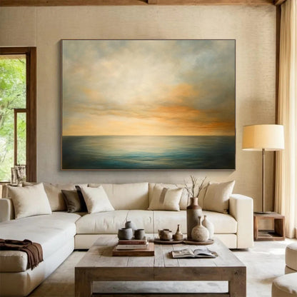 Paintings For House Beige, Orange, and Blue Serene Seaside Sunset HPS320