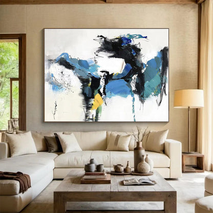 Hand Painting Blue, Black, White, and Yellow Dynamic Abstract Art PT791