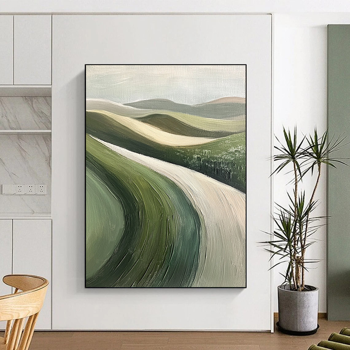 Minimalist Canvas Art Green and Beige Abstract Rolling Hills Painting DPS438