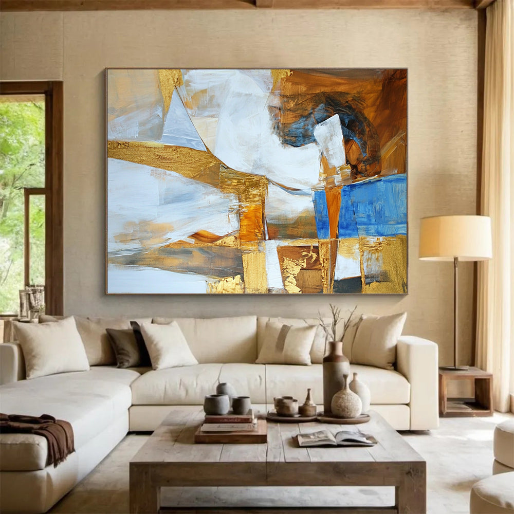 Original Large Abstract Paintings For Sale, Gold Blue White Abstract Textured Art PT162