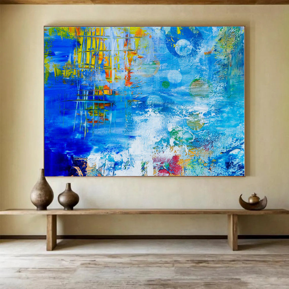 Cool Abstract Paintings Blue, Yellow & Multicolor Textured Abstract Painting On Canvas HPS105