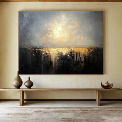 Modern Art Acrylic Gray, Gold & Black Textured Landscape Abstract Painting HPS269