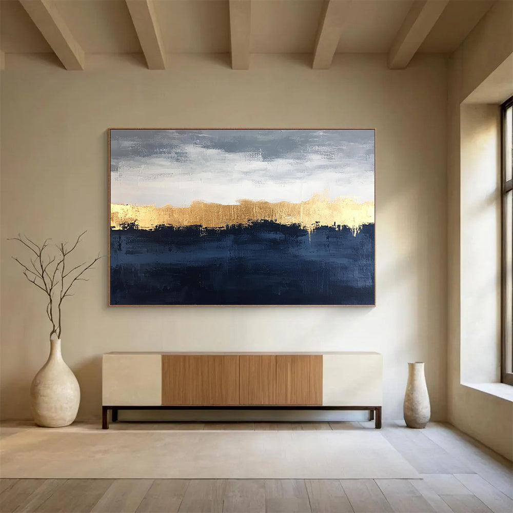 Hand-Painted Gray, Gold & Navy Textured Landscape Abstract Painting HPS261