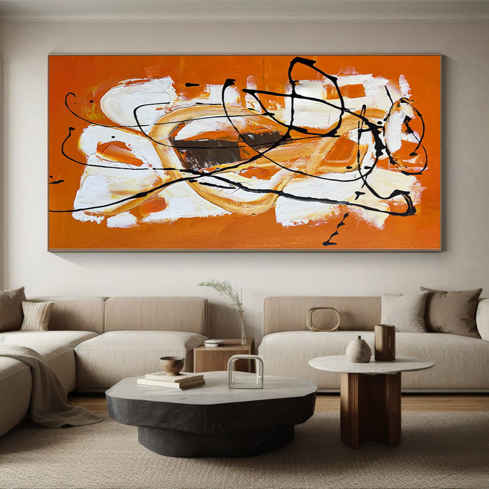 Oversized Abstract Wall Art Orange, White & Black Textured Abstract Painting On Canvas PT050
