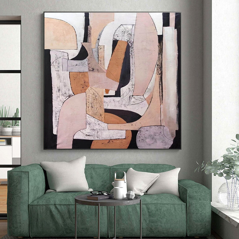 Large Contemporary Wall Art in Beige, Pink, Black, and White Abstract Geometric Compositions PT247