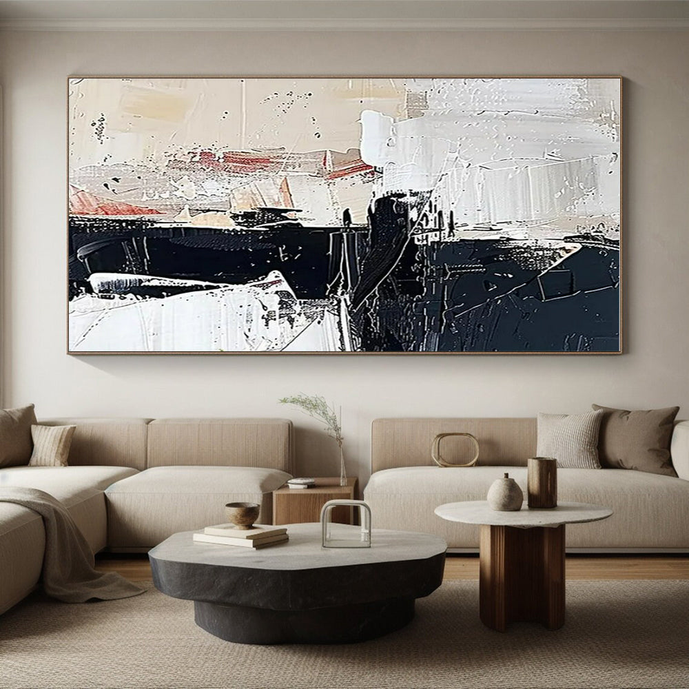 Handmade Art Black, White, and Beige Dynamic Abstract Art PT820