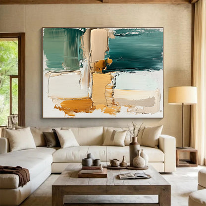 Big Abstract Painting On Canvas, Teal Beige Orange Abstract Textured Art On Canvas PT173