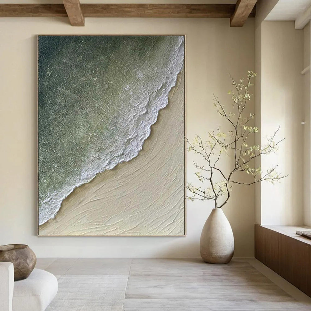 Oversized Abstract Wall Art Green, Beige, and White Textured Abstract Seaside Art DPS462