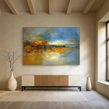 Hand-Painted Blue, Gold & Brown Textured Landscape Abstract Painting HPS271
