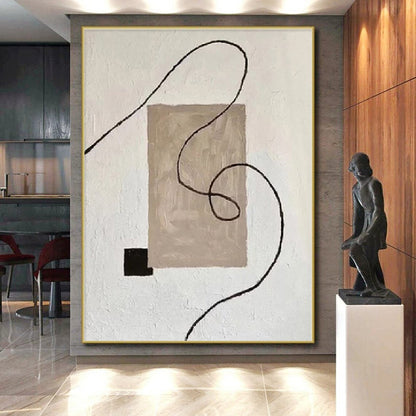 Handmade Art Beige, Black & White Minimalist Abstract Painting On Canvas PT064