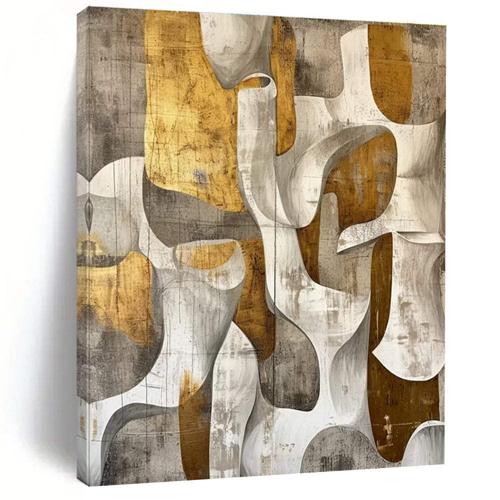 Hand Painted Art with Gold, Gray, and White Organic Abstract Shapes, Large Contemporary Wall Art PT204