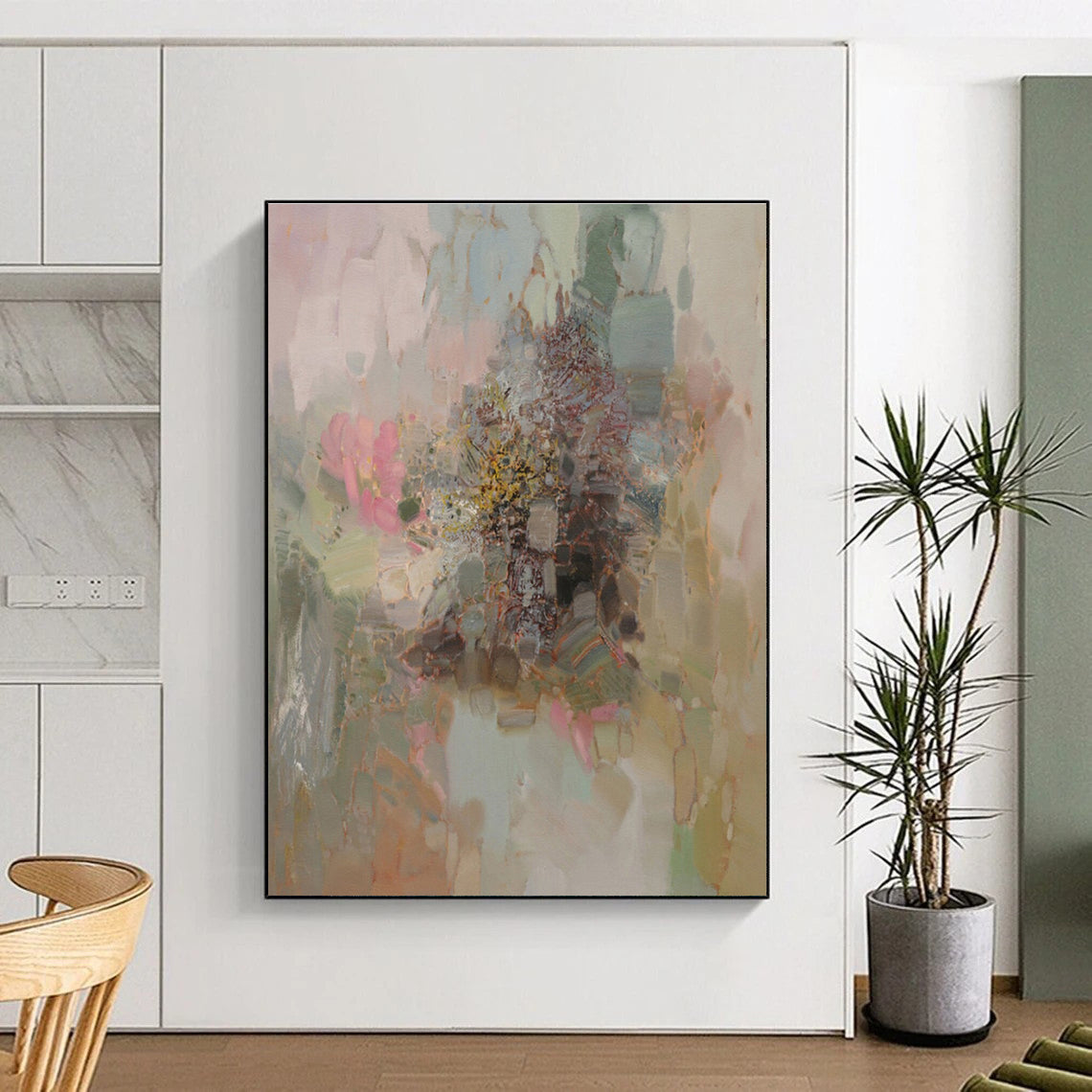 Cool Abstract Paintings Pink, Green, and Beige Floral Abstract Art PT714