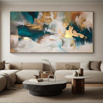 Large Contemporary Wall Art Teal, Gold, and White Abstract Art PT649