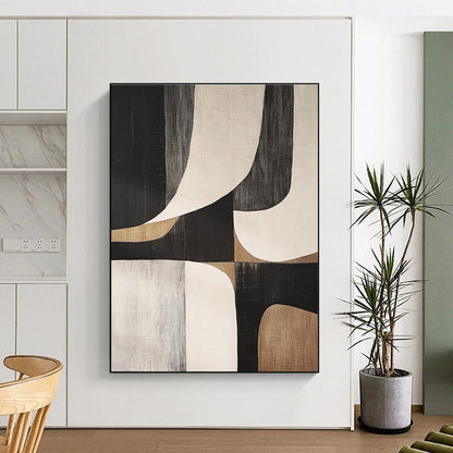 Modern Art Acrylic Black, Beige, and Gray Geometric Abstract Art PT764