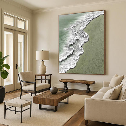 Oversized Abstract Wall Art Green and White Wave Coastal Abstract Painting DPS422