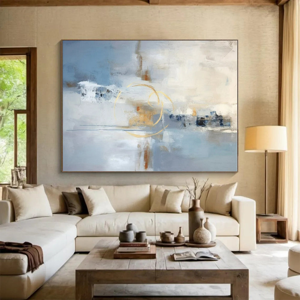 Acrylic Modern Art Paintings Blue, Beige, and Gold Abstract Art PT752