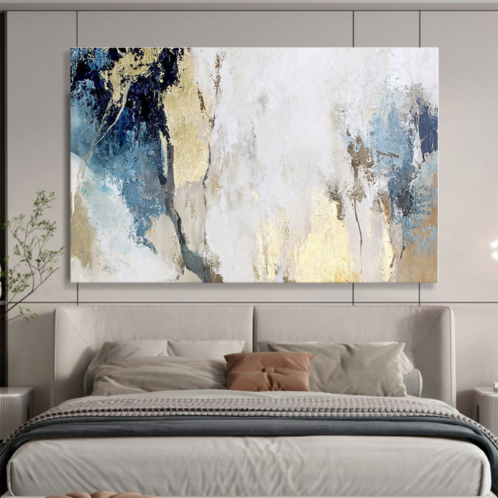 Acrylic Modern Art Paintings Blue, White & Gold Textured Abstract On Canvas HPS042