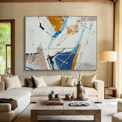 Modern Art Acrylic with Blue, Orange, White, and Black Dynamic Abstract Lines  PT219