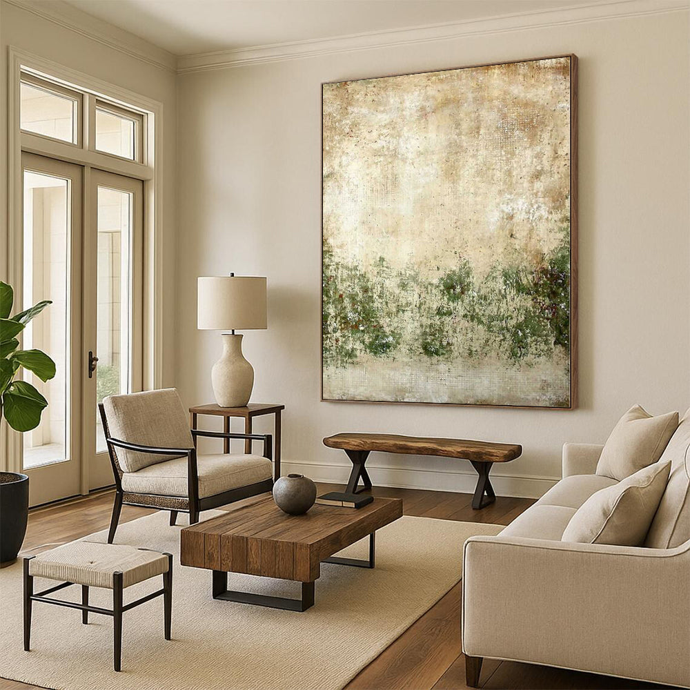 Hand Painted Art Beige & Green Textured Abstract Painting On Canvas PT073