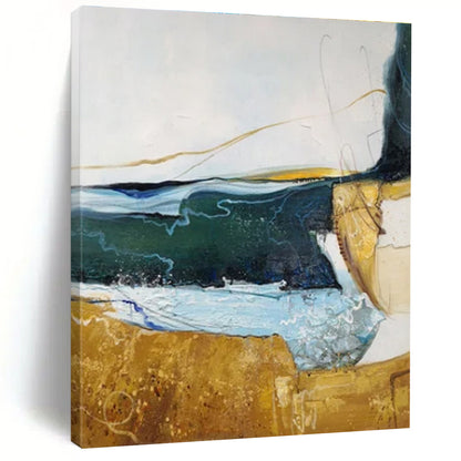 Hand Painting Blue, Green, and Gold Textured Landscape Abstract Art PT811